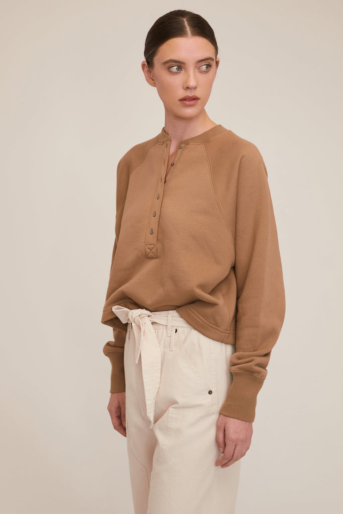 So Uptight Plush Plunge Henley Sweatshirt in Light Mocha | MARISSA WEBB