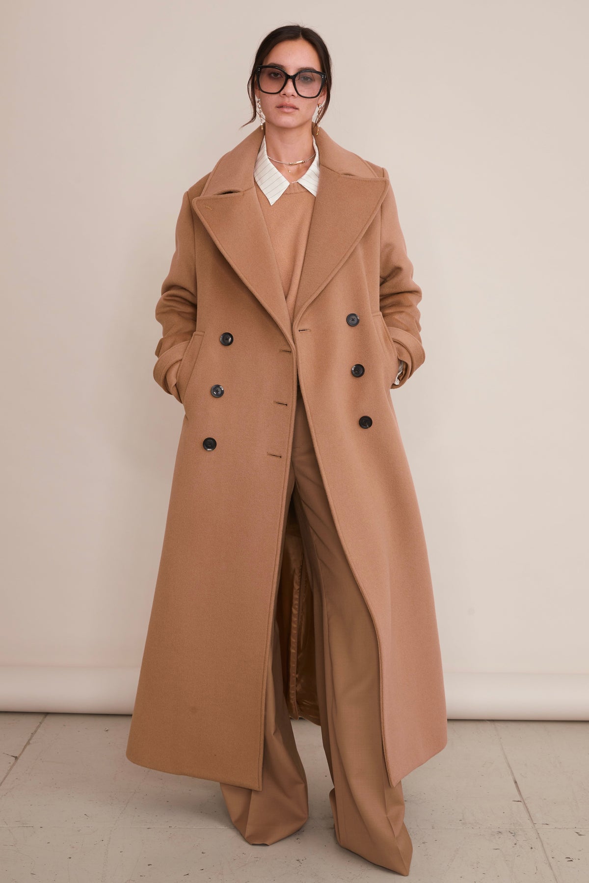 Vera Double Breasted Full Length Wool Peacoat in Classic Camel