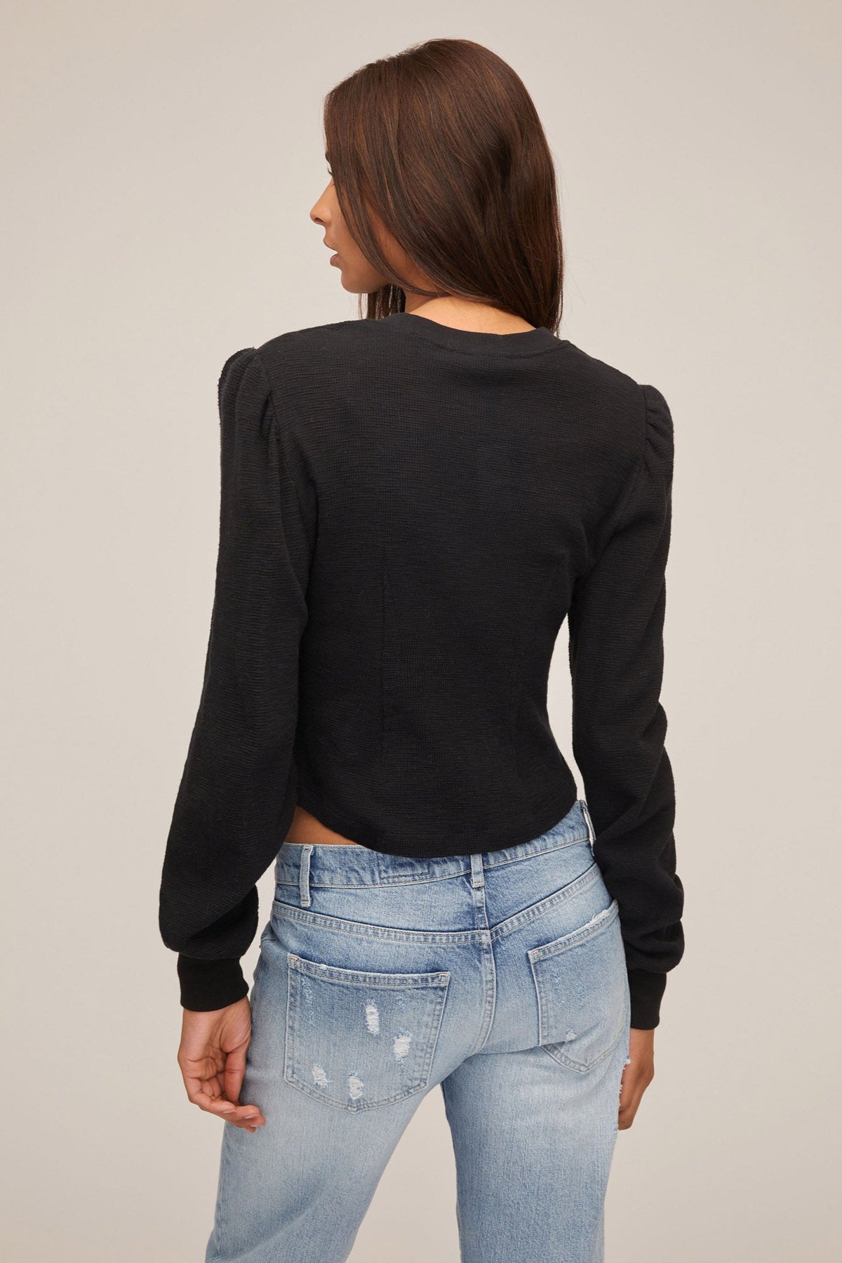 Puff Sleeve Waffle Knit Pullover - Black