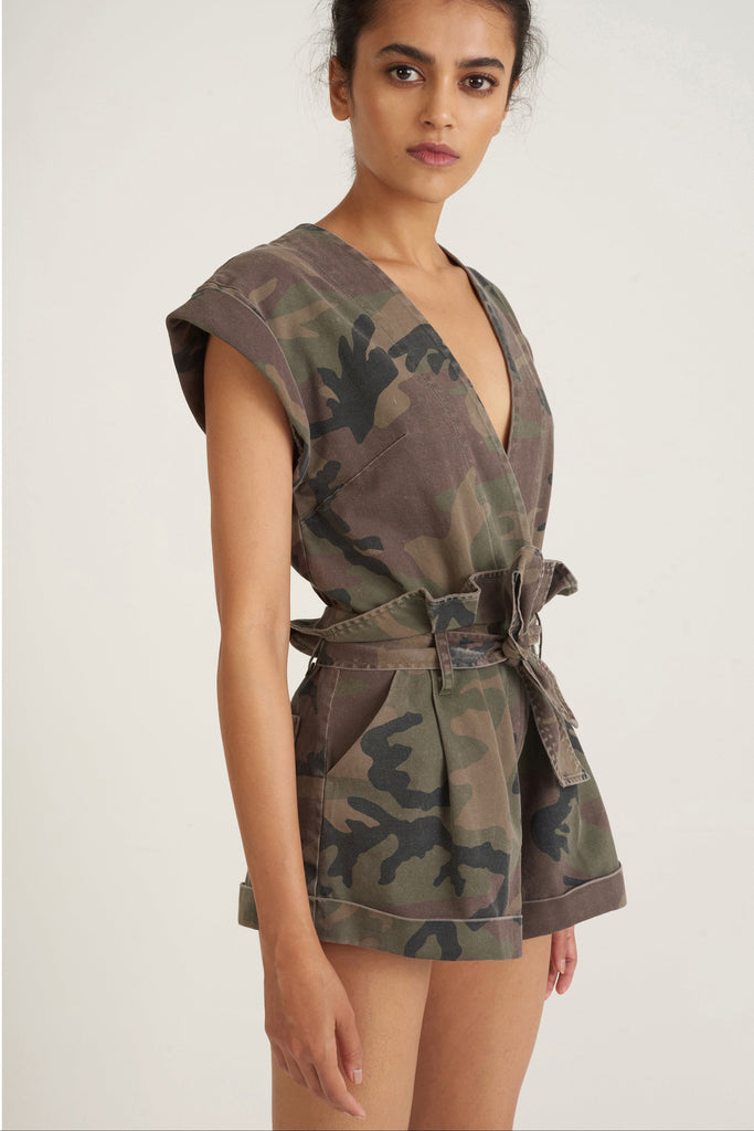Dixon Paper Bag Vintage Washed Camo Romper in Woodland Camo