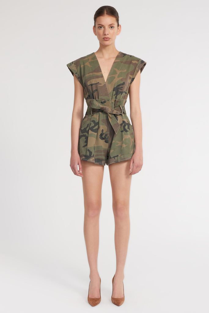 Dixon Paper Bag Vintage Washed Camo Romper in Woodland Camo