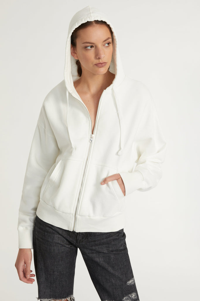 Finley Plush Drop Shoulder Zip Front Hoodie in White