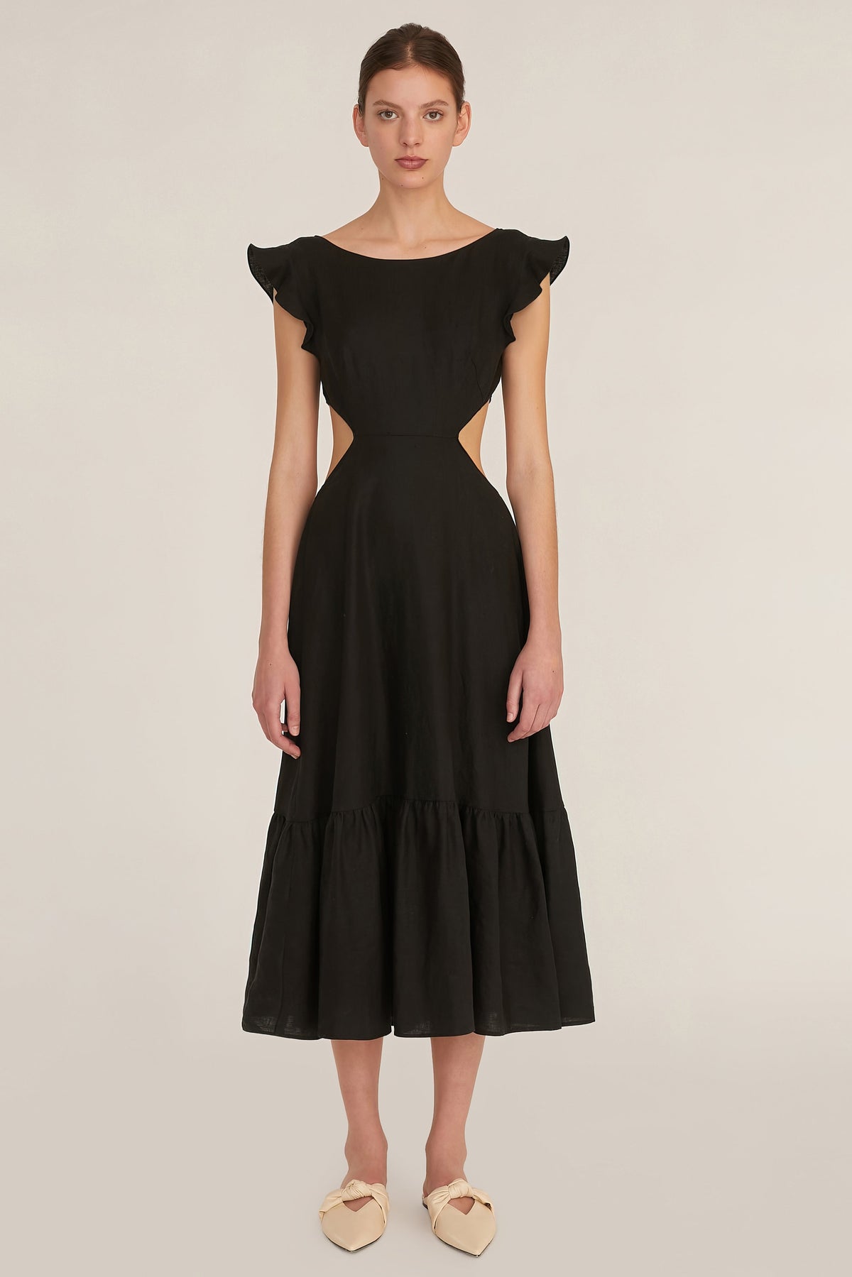 Kingsley Linen Cut Out Midi Dress in Linen Black