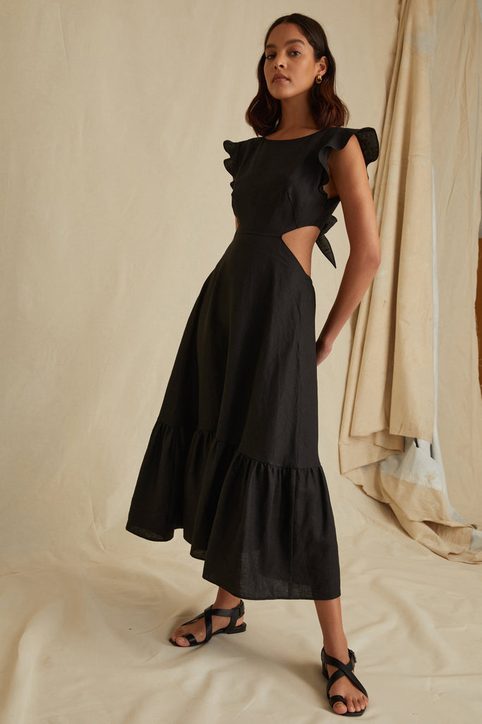 Kingsley Linen Cut Out Midi Dress in Linen Black