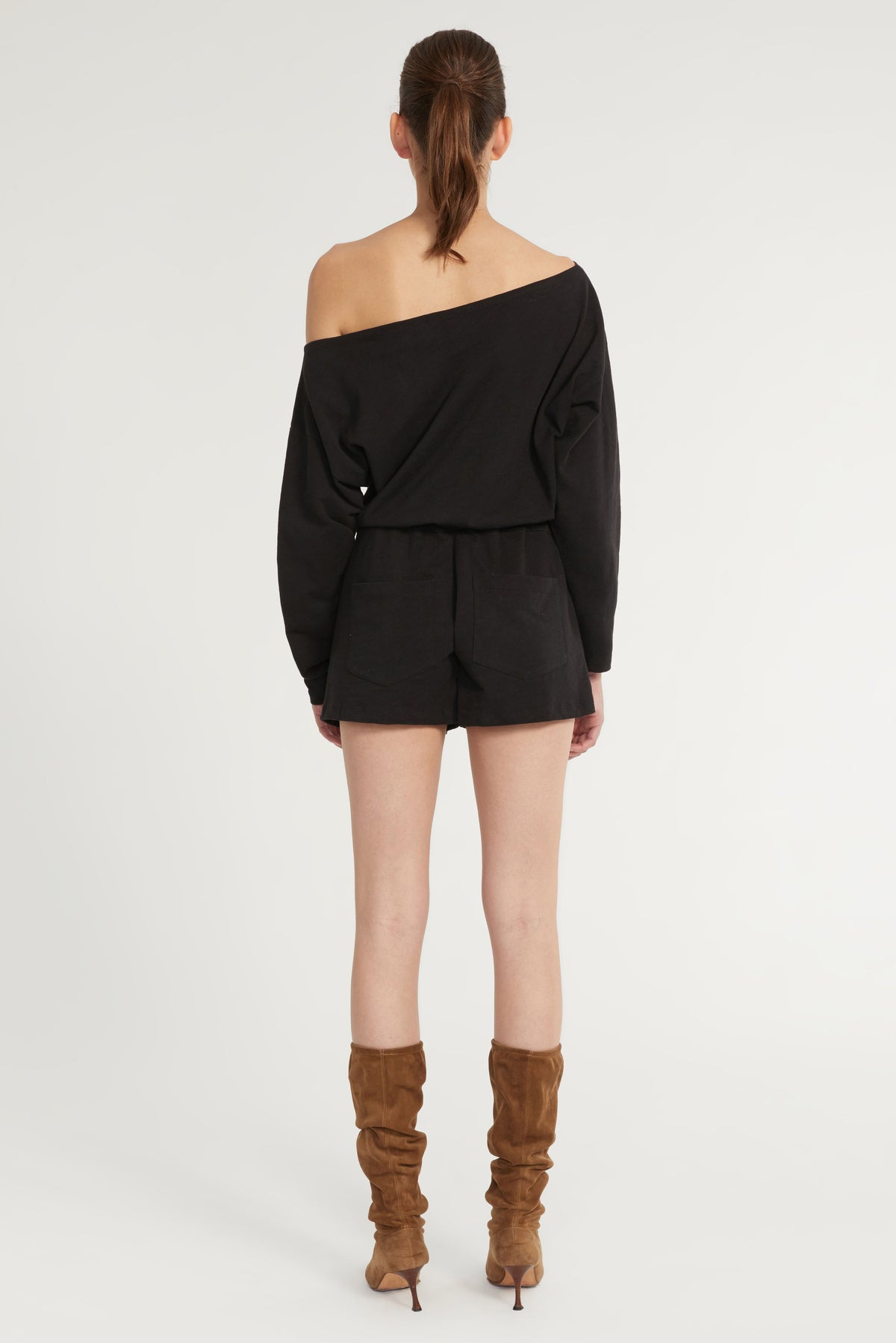 Marlo Drop Shoulder Knit Romper in Black