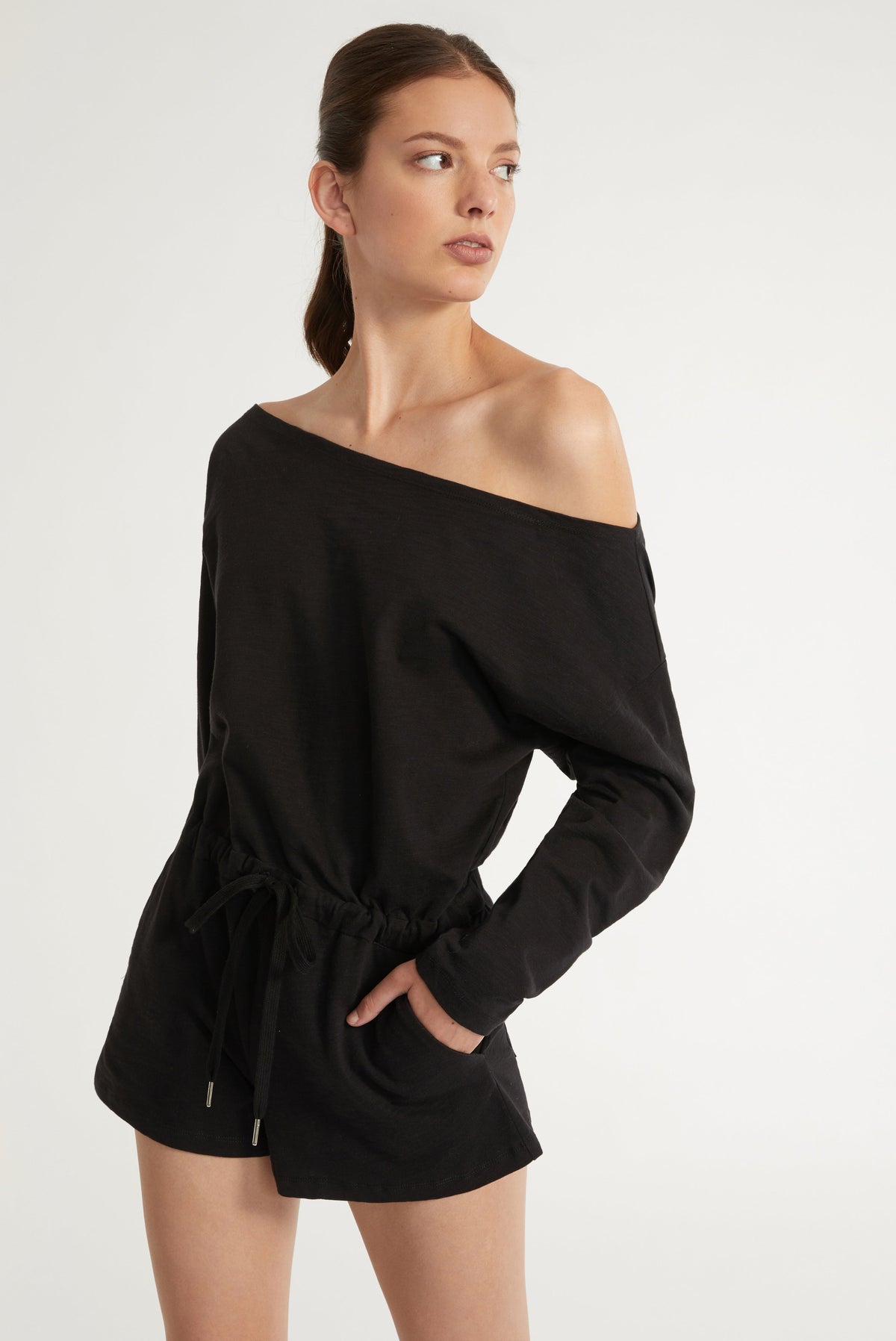 Marlo Drop Shoulder Knit Romper in Black
