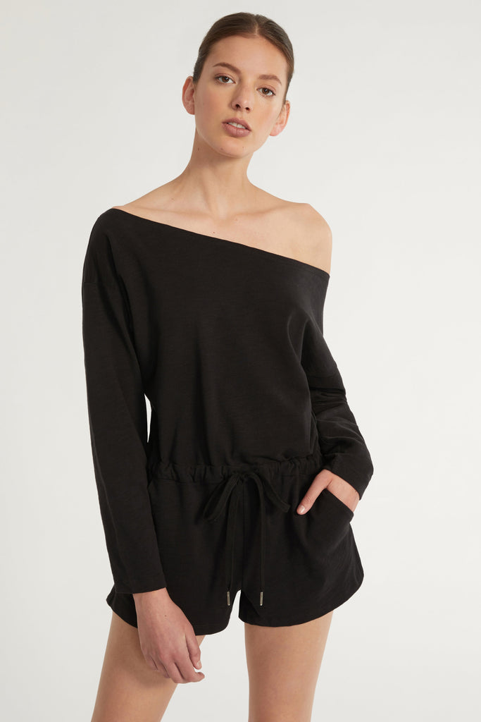 Marlo Drop Shoulder Knit Romper in Black