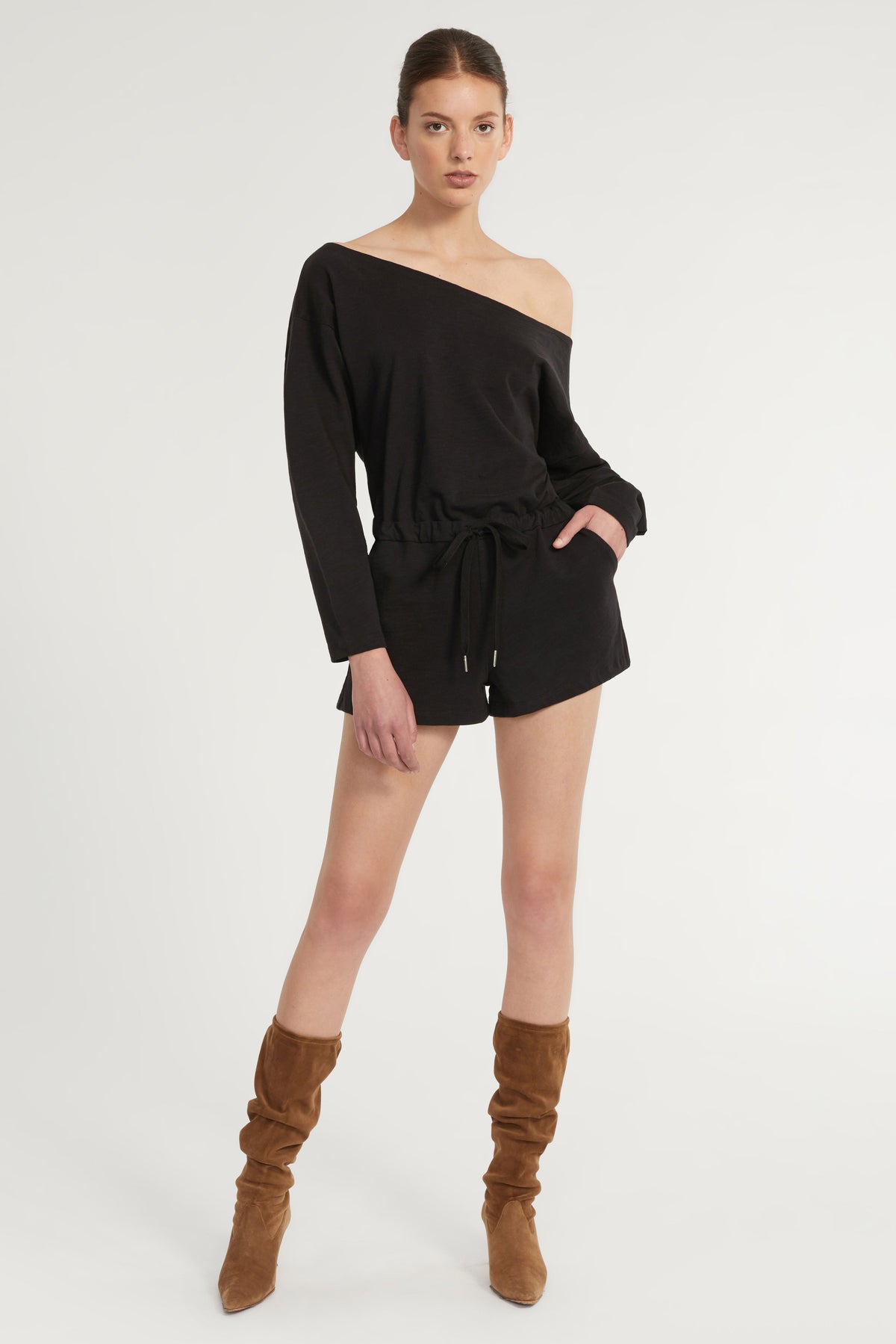 Marlo Drop Shoulder Knit Romper in Black