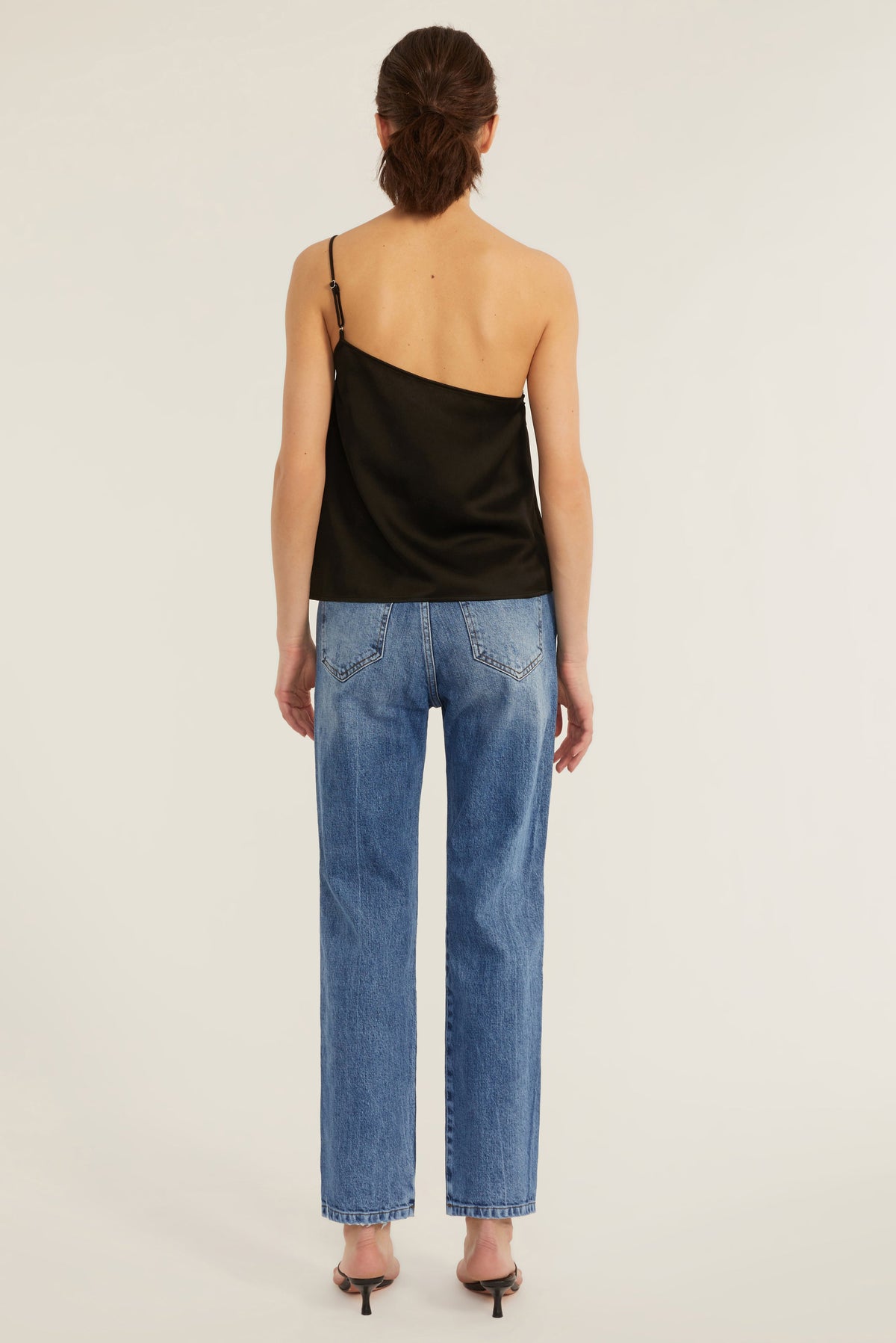 Quinn One Shoulder Satin Crepe Camisole in Black