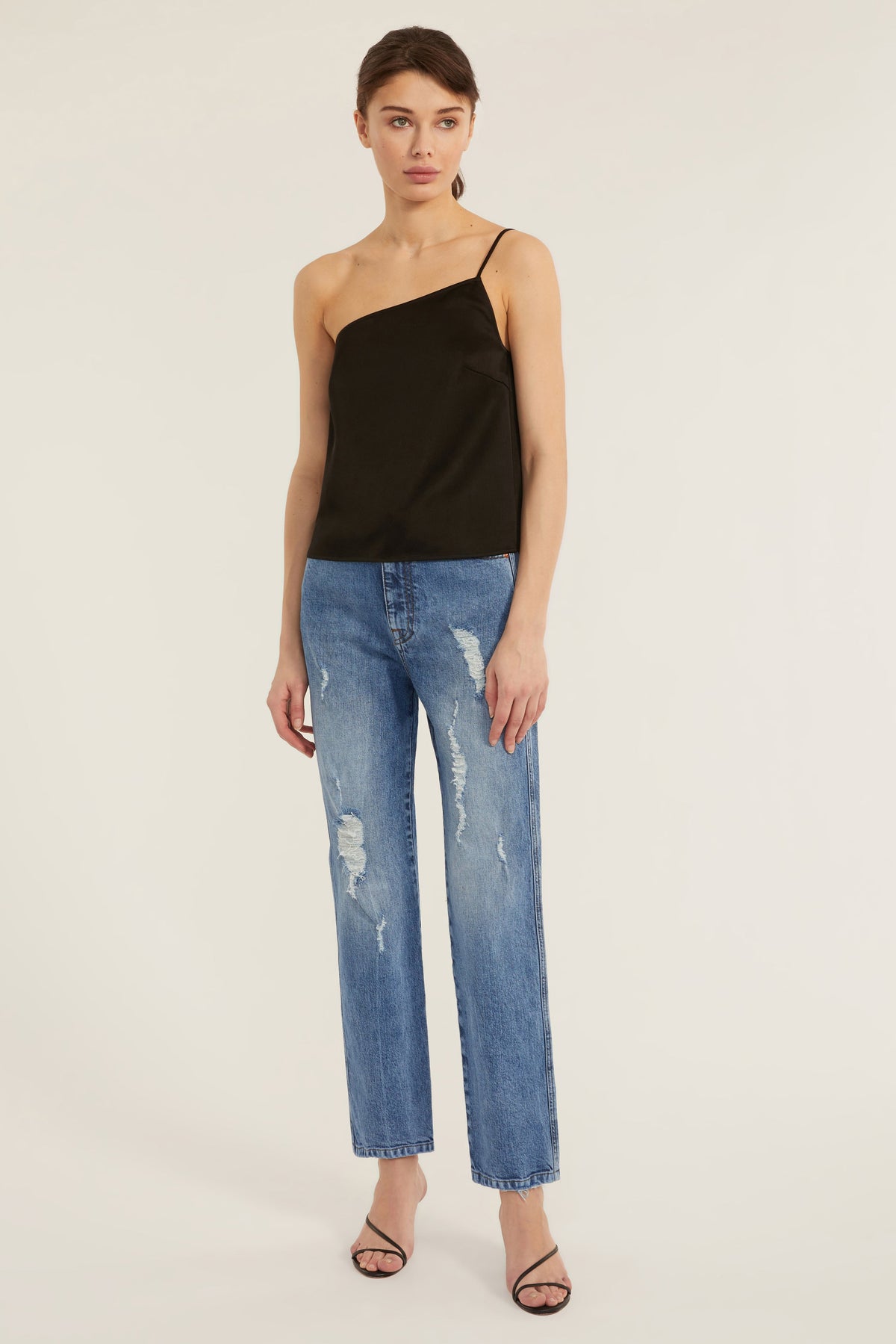 Quinn One Shoulder Satin Crepe Camisole in Black