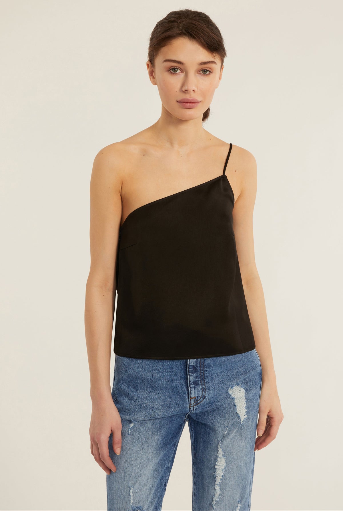 Quinn One Shoulder Satin Crepe Camisole in Black