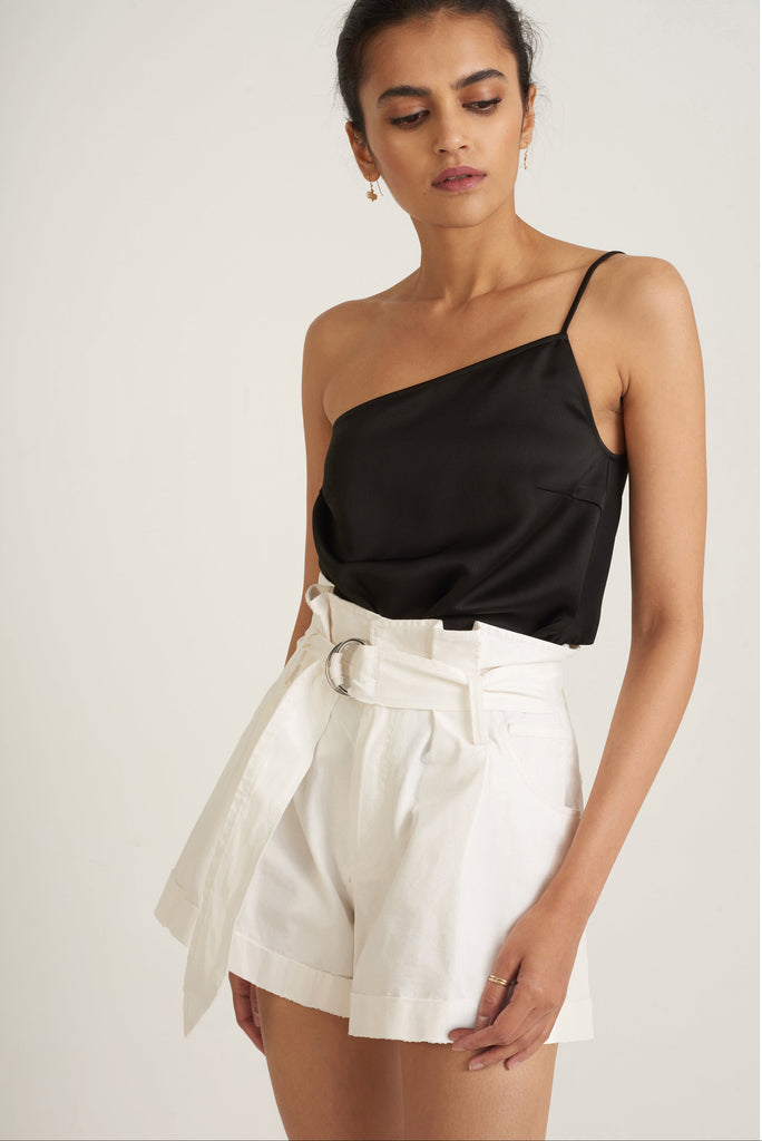 Quinn One Shoulder Satin Crepe Camisole in Black