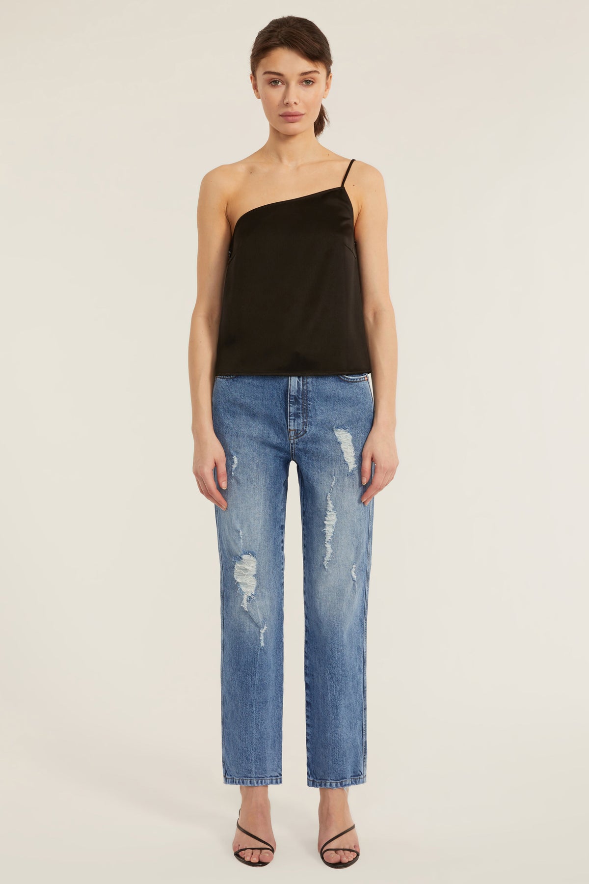 Quinn One Shoulder Satin Crepe Camisole in Black