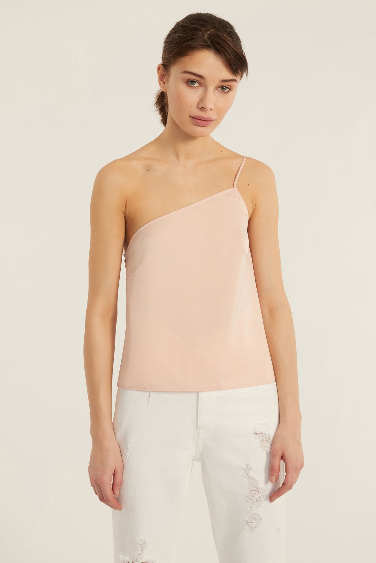 Quinn One Shoulder Satin Crepe Camisole in Blush