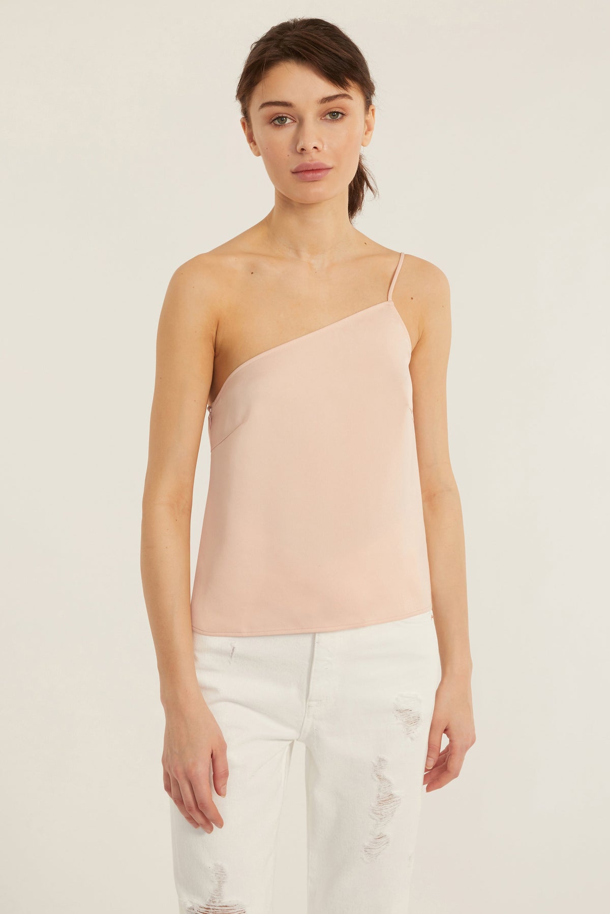 Quinn One Shoulder Satin Crepe Camisole in Blush