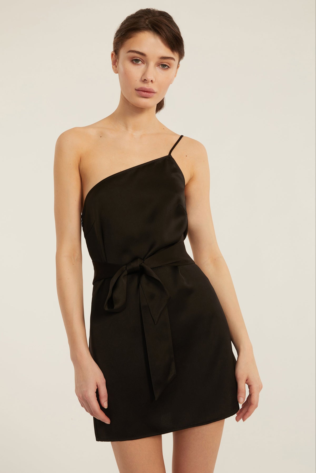 Quinn One Shoulder Satin Crepe Shift Dress in Black