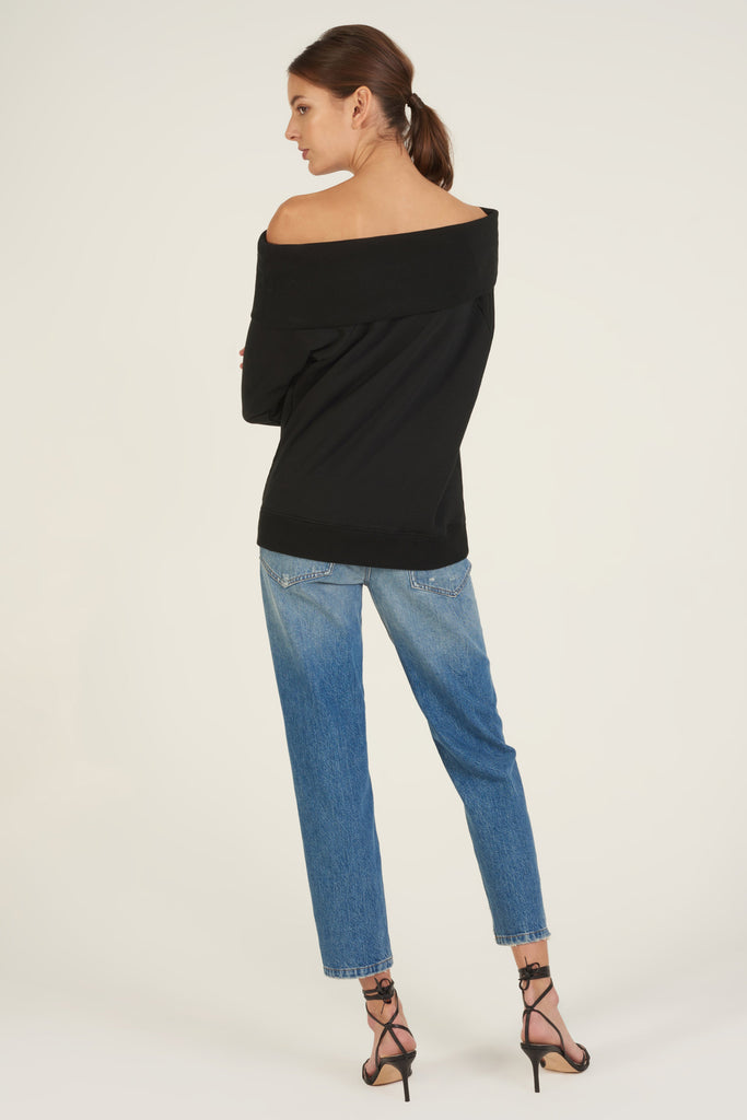 So Relaxed Off The Shoulder Plush Sweatshirt in Black