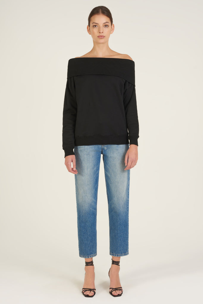 So Relaxed Off The Shoulder Plush Sweatshirt in Black