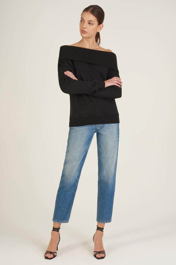 So Relaxed Off The Shoulder Plush Sweatshirt in Black