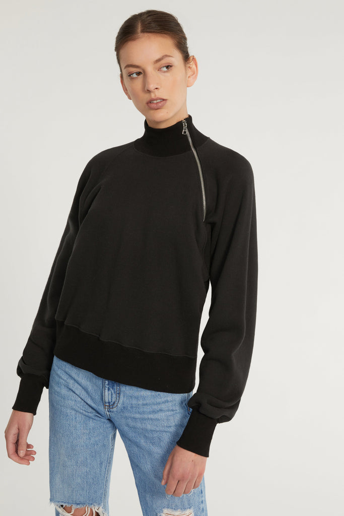 So Uptight French Terry Funnel Neck Zip Sweatshirt in Black