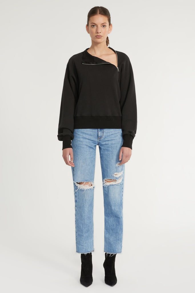 So Uptight French Terry Funnel Neck Zip Sweatshirt in Black