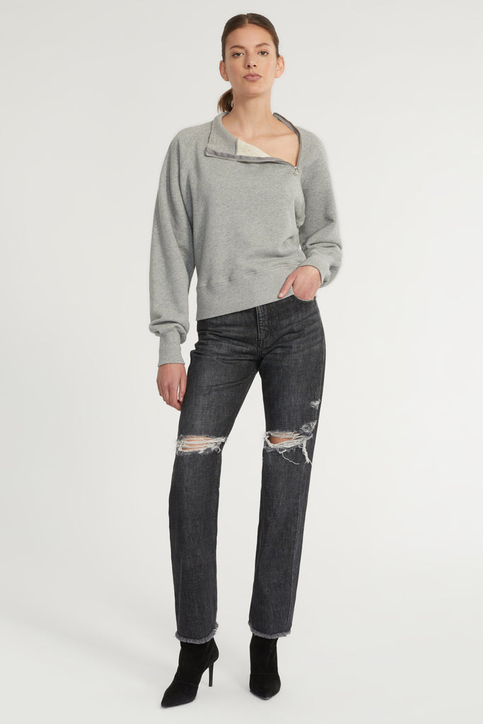 So Uptight French Terry Funnel Neck Zip Sweatshirt in Heather Grey