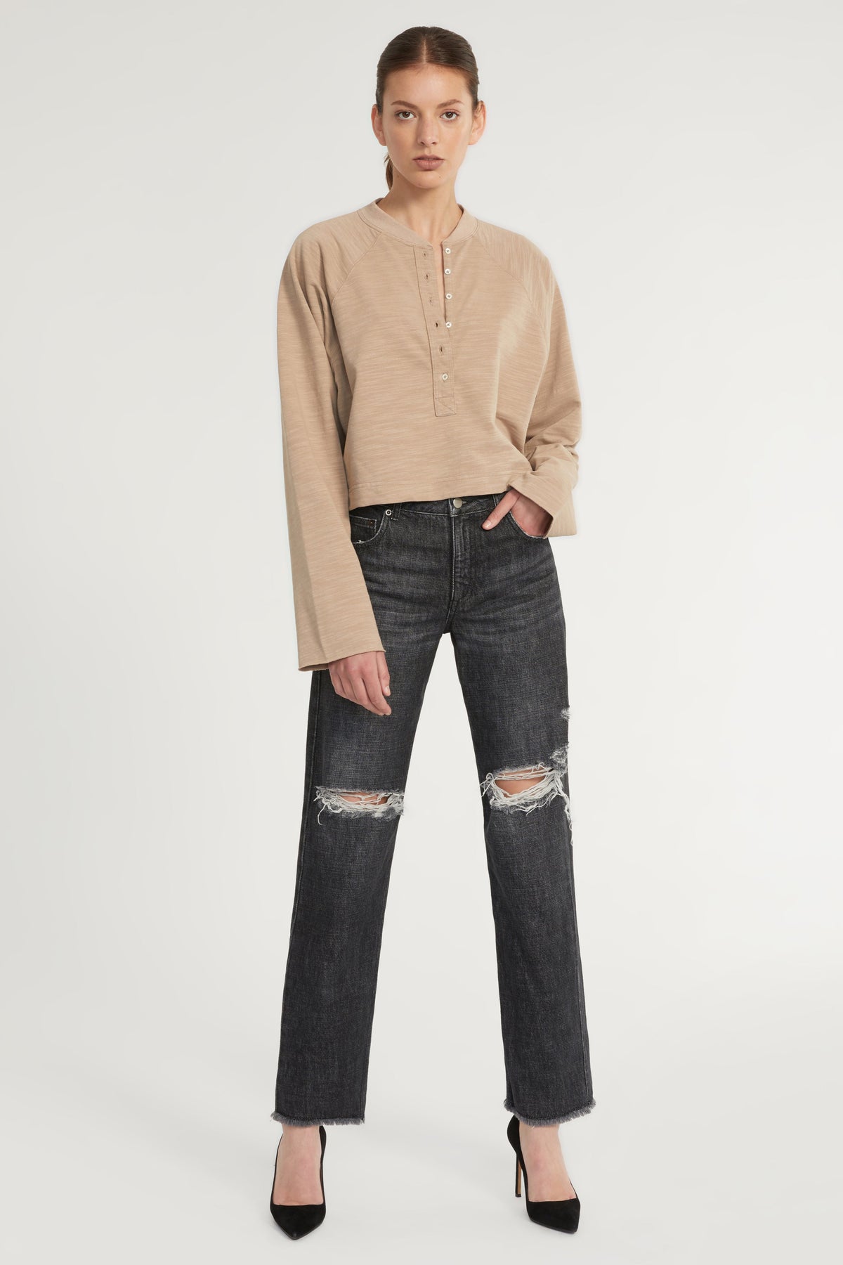 So Uptight Lightweight Slub Cotton Plunge Henley in Stone Taupe