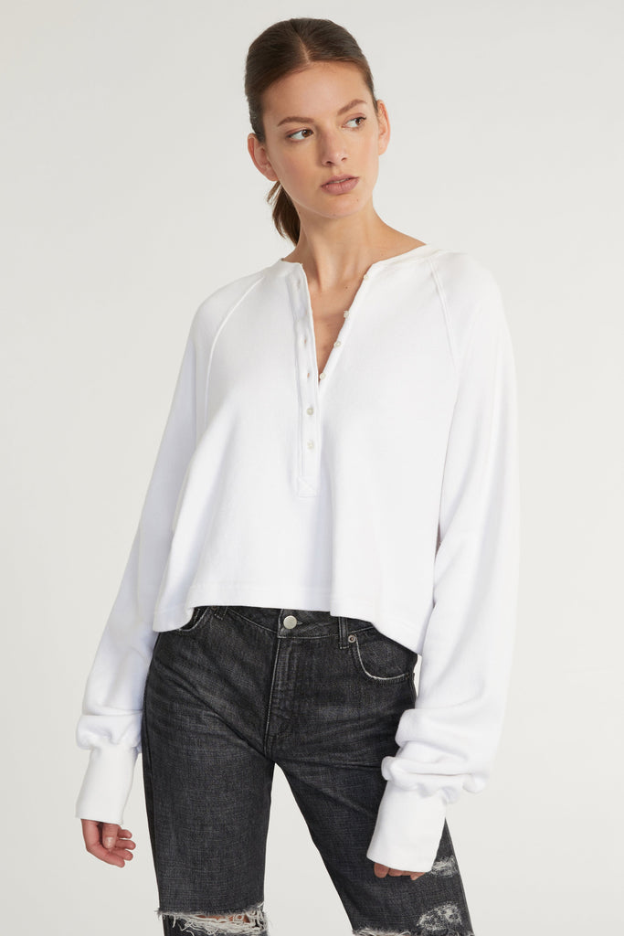 So Uptight French Terry Plunge Henley Sweatshirt in White