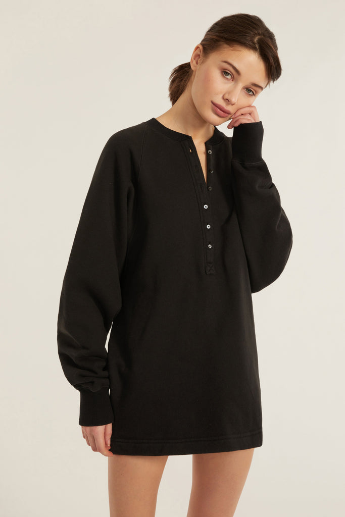 So Uptight French Terry Plunge Henley Sweatshirt Dress in Black