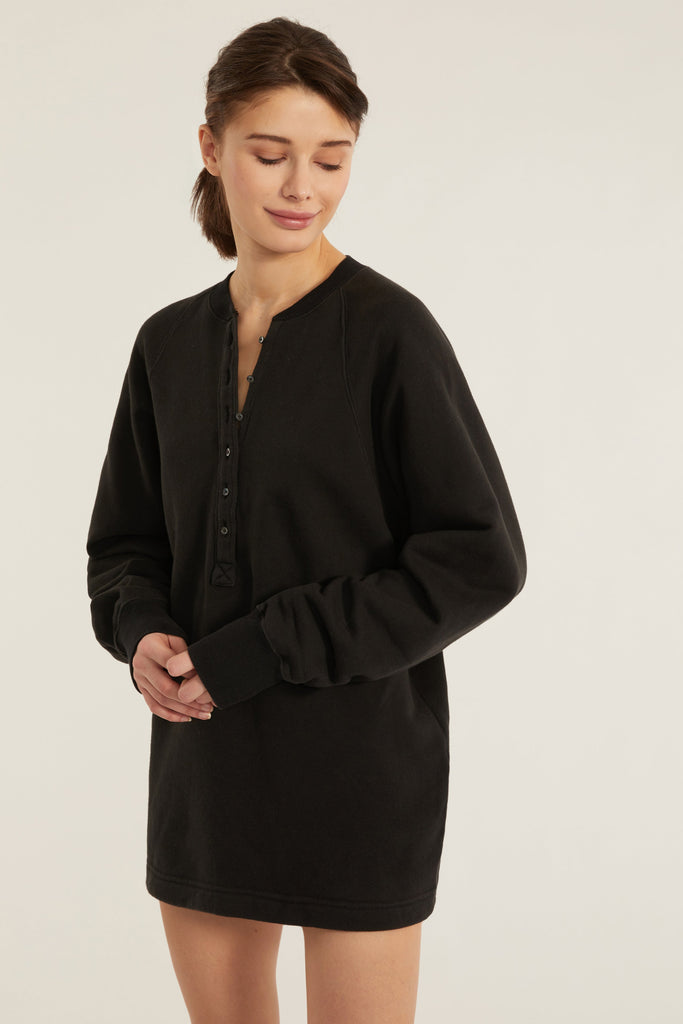 So Uptight French Terry Plunge Henley Sweatshirt Dress in Black