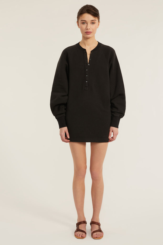 So Uptight French Terry Plunge Henley Sweatshirt Dress in Black