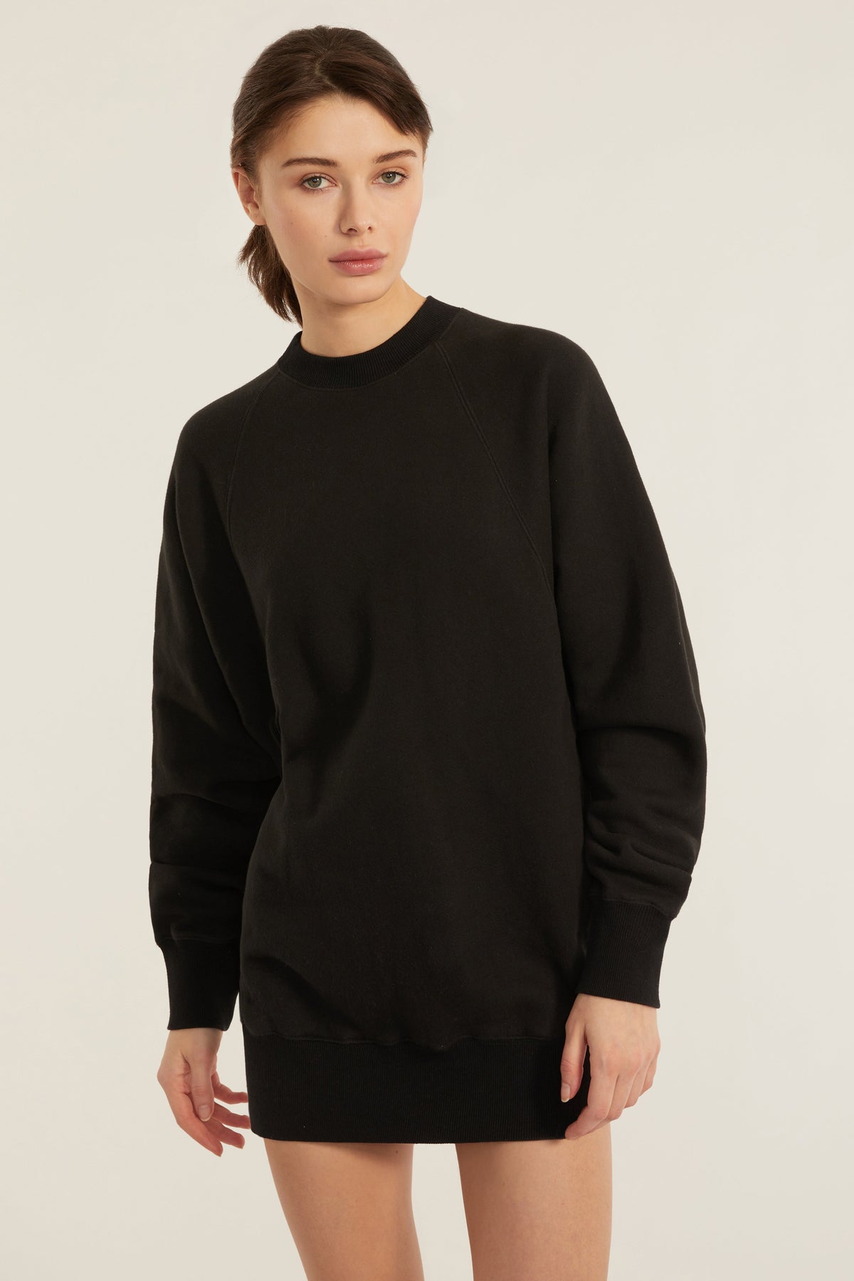 So Uptight French Terry Raglan Crew Sweatshirt Dress in Black