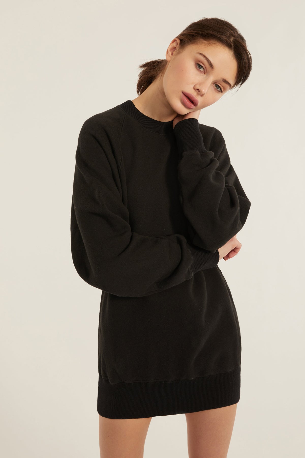 So Uptight French Terry Raglan Crew Sweatshirt Dress in Black