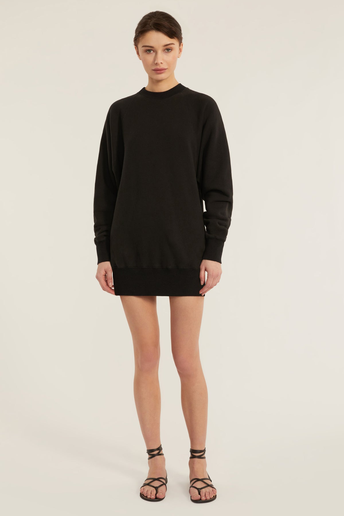 So Uptight French Terry Raglan Crew Sweatshirt Dress in Black