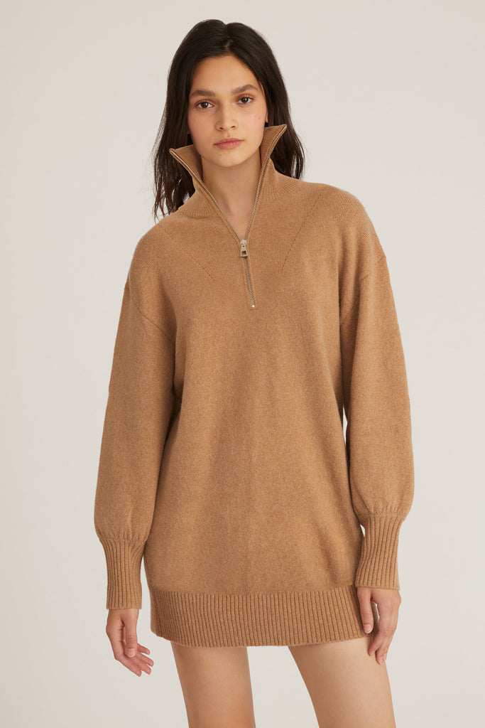 Wesley Slouchy Zip Front Cashmere Blend Sweater Dress in Camel