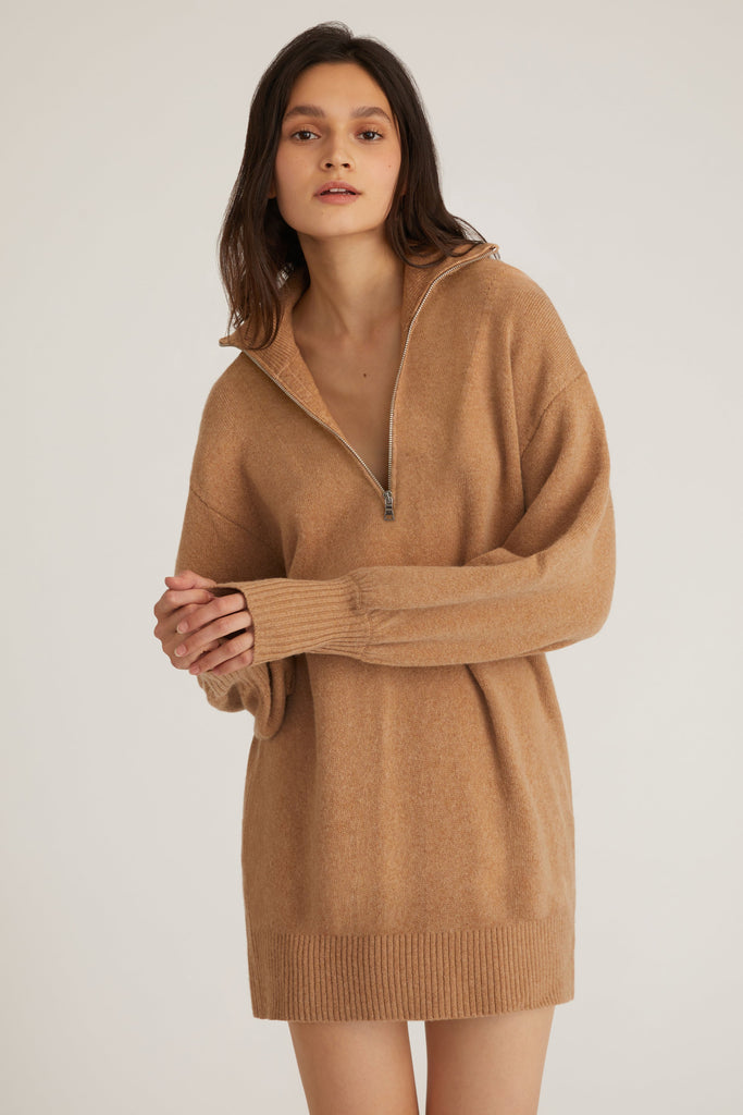 Wesley Slouchy Zip Front Cashmere Blend Sweater Dress in Camel