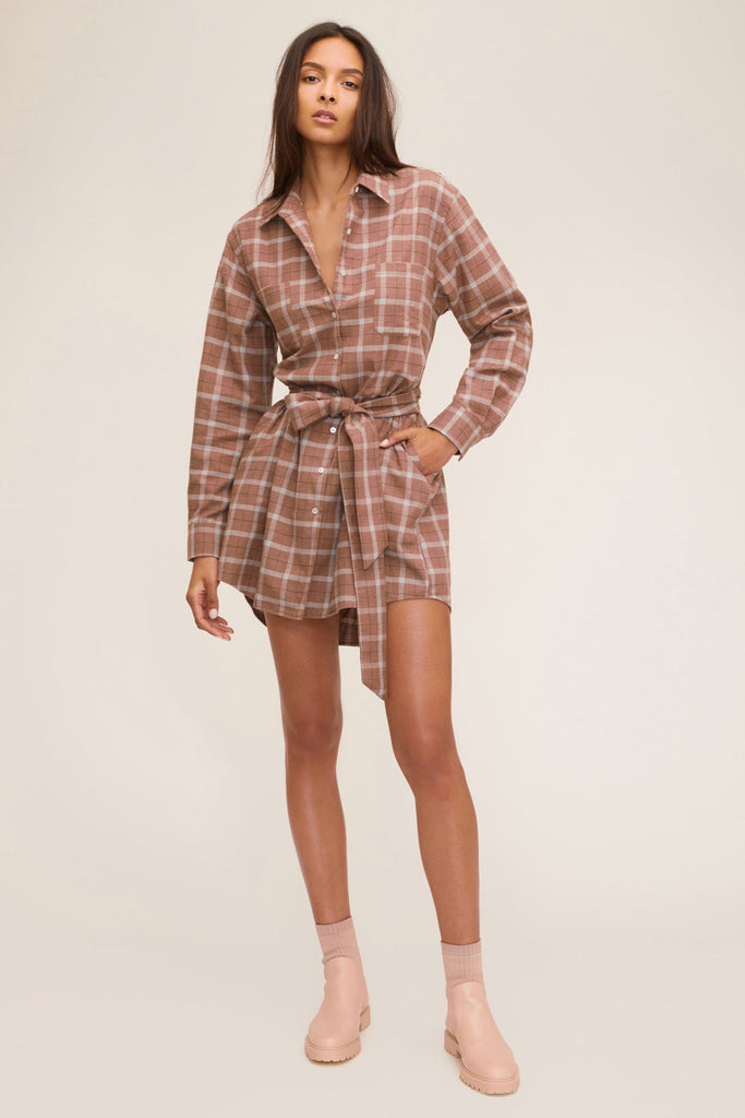 Brett Lightweight Flannel U-Back Mini Dress in Mesa Tan Plaid | MARISSA WEBB