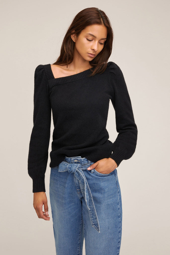 Dixie Asymmetrical Puff Sleeve Sweater in Black | MARISSA WEBB