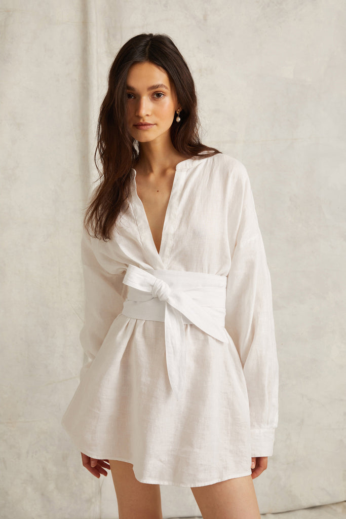 Pax Linen Henley Tunic Dress with Obi Belt in Linen White